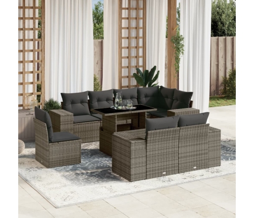 Set de muebles de jardín 9 pzas y cojines ratán sintético gris