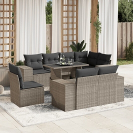 Set muebles jardín 9 pzas y cojines ratán sintético gris claro