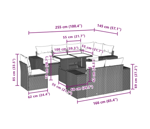 Set de sofás de jardín 9 pzas y cojines ratán sintético marrón