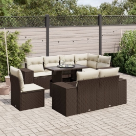 Set de sofás de jardín 9 pzas y cojines ratán sintético marrón