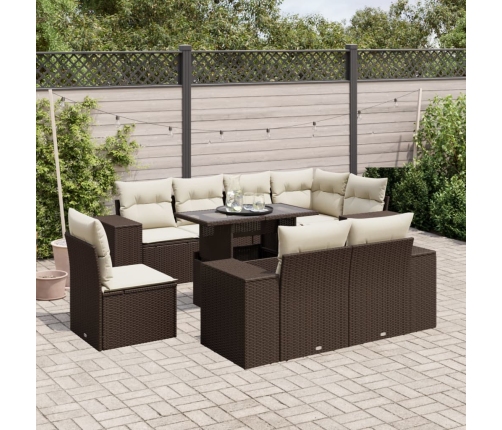Set de sofás de jardín 9 pzas y cojines ratán sintético marrón