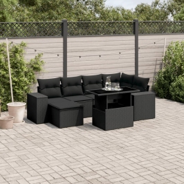 Set de sofás de jardín 7 pzas con cojines ratán sintético negro