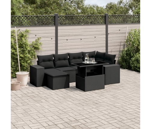 Set de sofás de jardín 7 pzas con cojines ratán sintético negro