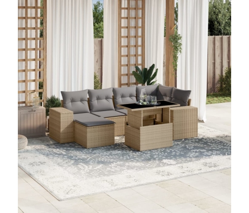 Set sofás de jardín 7 piezas y cojines ratán sintético beige