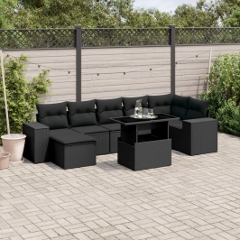 Set de sofás de jardín 8 piezas y cojines ratán sintético negro