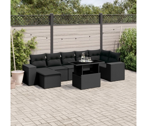 Set de sofás de jardín 8 piezas y cojines ratán sintético negro