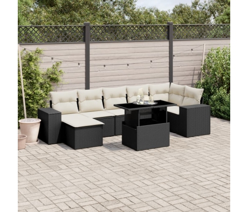 Set de sofás de jardín 8 piezas y cojines ratán sintético negro