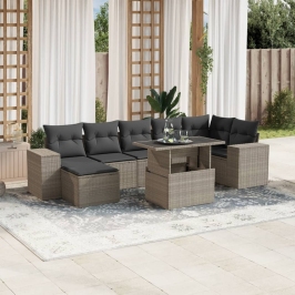Set de sofás de jardín 8 pzas y cojines ratán sintético gris