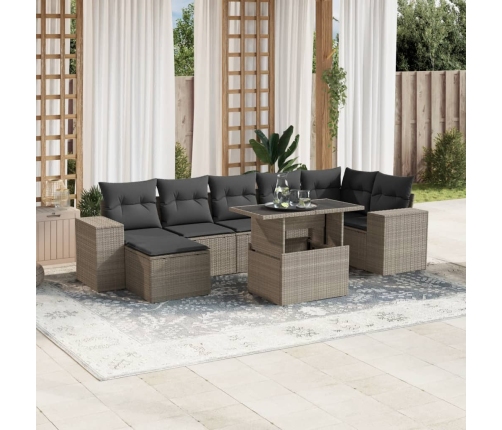Set de sofás de jardín 8 pzas y cojines ratán sintético gris