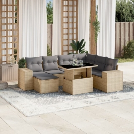 Set de sofás de jardín y cojines 8 piezas ratán sintético beige