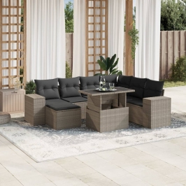 Set de sofás de jardín 8 pzas y cojines ratán sintético gris