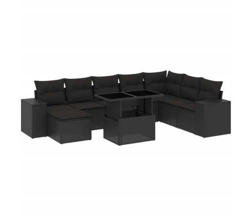 Set de sofás de jardín 8 piezas y cojines ratán sintético negro