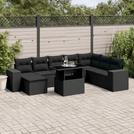 Set de sofás de jardín 8 piezas y cojines ratán sintético negro