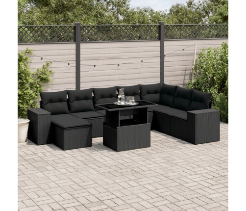 Set de sofás de jardín 8 piezas y cojines ratán sintético negro