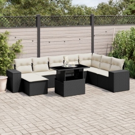 Set de sofás de jardín 8 piezas y cojines ratán sintético negro