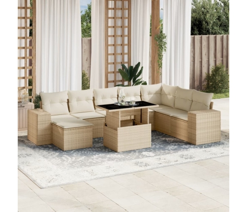 Set de sofás de jardín 9 pzas con cojines ratán sintético beige