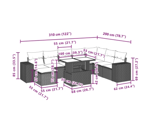 Set de muebles de jardín 9 pzas y cojines ratán sintético gris