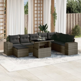 Set de muebles de jardín 9 pzas y cojines ratán sintético gris
