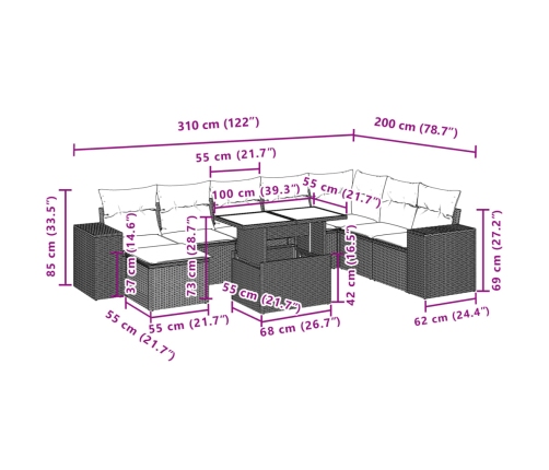 Set muebles jardín 9 pzas y cojines ratán sintético gris claro