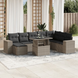 Set muebles jardín 9 pzas y cojines ratán sintético gris claro