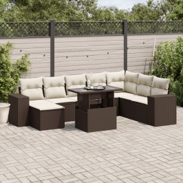 Set de sofás de jardín 9 pzas y cojines ratán sintético marrón