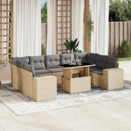 Juego de sofás jardín con cojines beige 10 pzas ratán sintético