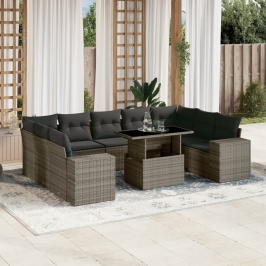 Set de sofás de jardín 10 pzas con cojines ratán sintético gris