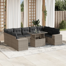 Set sofás jardín 10 pzas con cojines ratán sintético gris claro