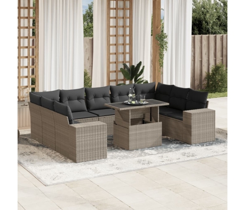 Set sofás jardín 10 pzas con cojines ratán sintético gris claro