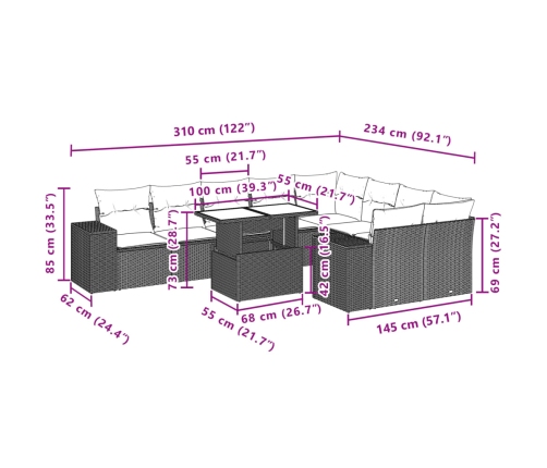 Set de sofás de jardín 10 pzas cojines ratán sintético negro