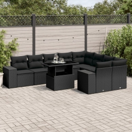 Set de sofás de jardín 10 pzas cojines ratán sintético negro