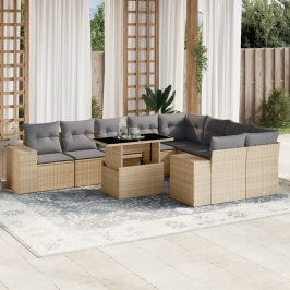 Juego de sofás jardín con cojines beige 10 pzas ratán sintético