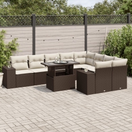 Set de sofás de jardín 10 pzas y cojines ratán sintético marrón