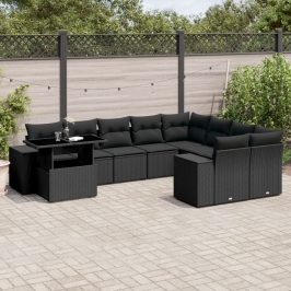 Set de sofás de jardín 10 pzas cojines ratán sintético negro