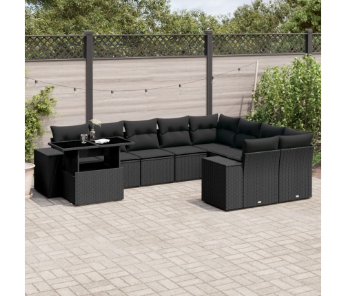 Set de sofás de jardín 10 pzas cojines ratán sintético negro