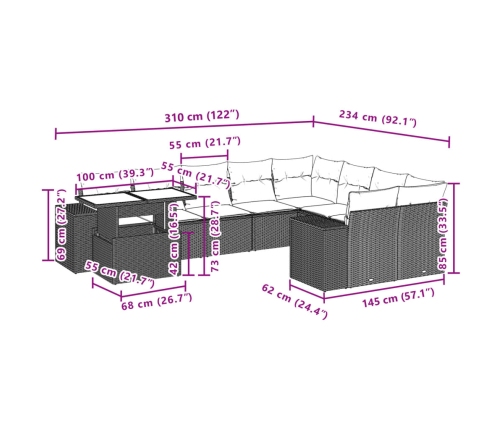 Set de sofás de jardín 10 pzas cojines ratán sintético negro