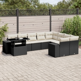 Set de sofás de jardín 10 pzas cojines ratán sintético negro