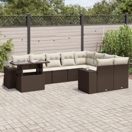 Set de sofás de jardín 10 pzas y cojines ratán sintético marrón