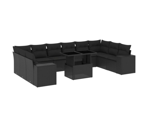 Set de sofás de jardín 11 pzas y cojines ratán sintético negro