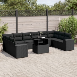 Set de sofás de jardín 11 pzas y cojines ratán sintético negro