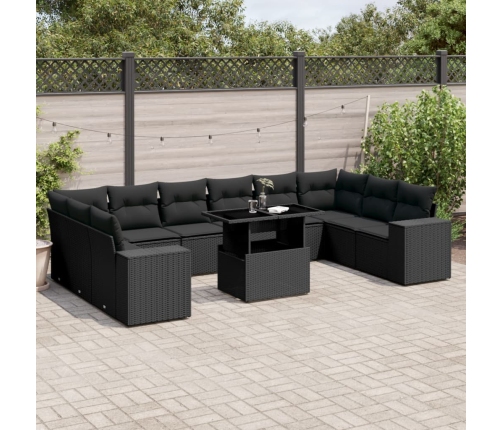 Set de sofás de jardín 11 pzas y cojines ratán sintético negro