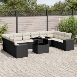 Set de sofás de jardín 11 pzas y cojines ratán sintético negro