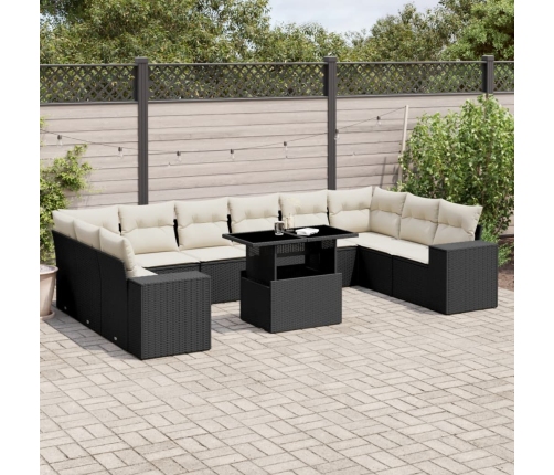 Set de sofás de jardín 11 pzas y cojines ratán sintético negro