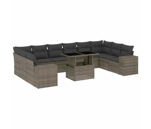 Set de sofás de jardín 11 pzas y cojines ratán sintético gris