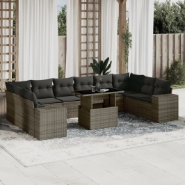 Set de sofás de jardín 11 pzas y cojines ratán sintético gris