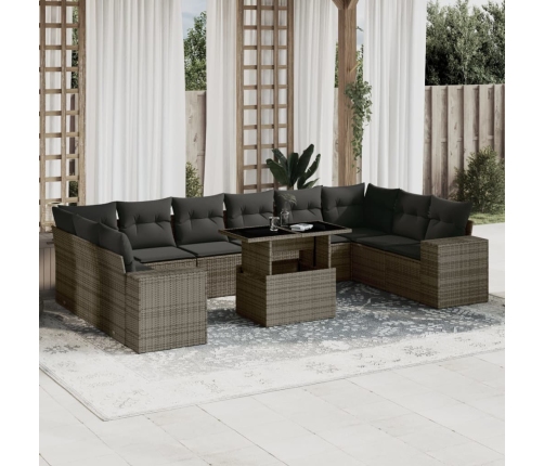 Set de sofás de jardín 11 pzas y cojines ratán sintético gris