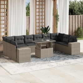 Set de sofás de jardín 11 pzas y cojines ratán sintético gris