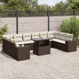 Set de sofás de jardín 11 pzas cojines ratán sintético marrón