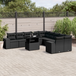 Set de sofás de jardín 11 pzas y cojines ratán sintético negro