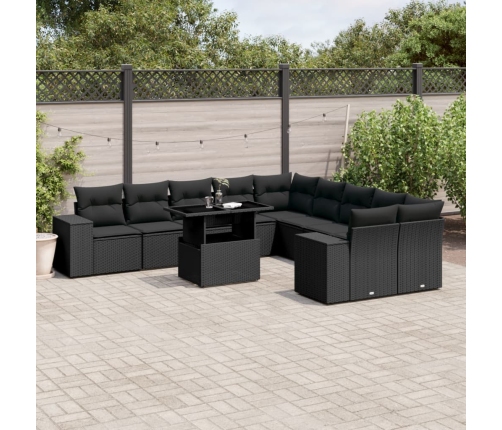 Set de sofás de jardín 11 pzas y cojines ratán sintético negro